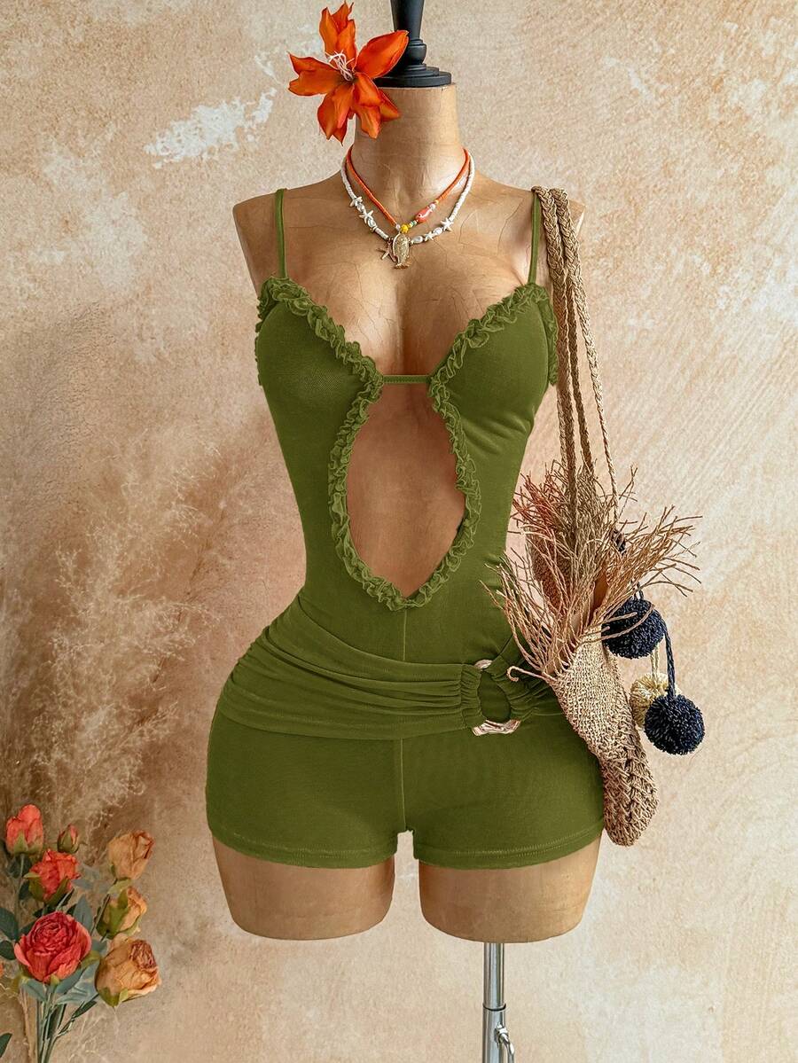 Soleia 女士纯色吊带修身休闲连体裤,毛边下摆,夏季 - 軍綠色 - 查看 1