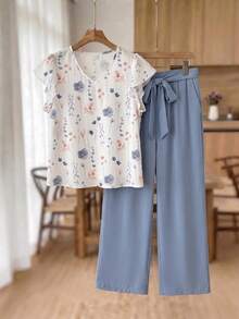 SHEIN Frenchy Bộ đồ 2 món cỡ lớn gồm áo và quần in hoa, trang phục thường ngày cho kỳ nghỉ. - Nhiều màu - Xem 7