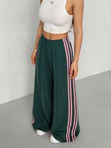 SHEIN PETITE Women's Elastic Waist Side Striped Wide Leg Loose Casual Sweatpants, Suitable For Spring And Summer, Back To School Season - Green - View 7