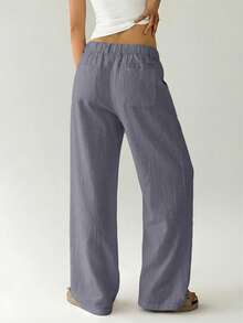 Easelle Women's Solid Color Button Casual Versatile Wide Leg Pants For Daily Wear - Light Grey - View 2