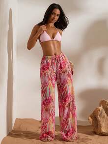 Opulessa Women's Loose Straight Leg Printed Woven Pants, Spring/Summer - Pink - View 1
