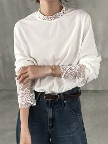 FRIFUL Solid Color Lace Patchwork Sheer Mesh Fabric Loose Casual Versatile T-Shirt - White - View 6