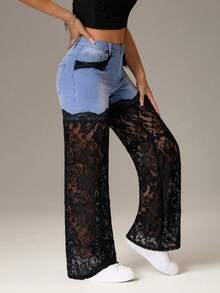 SHEIN PETITE Jeans casuales de mujer con bolsillos en diagonal y detalles de encaje en contraste - Multicolor - Ver 4