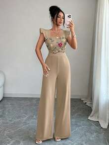 GlowEve Square Neck Cap Sleeve Ruffled Hem Floral Print Jumpsuit, Summer Rompers For Women Elegant Long - Khaki - View 5