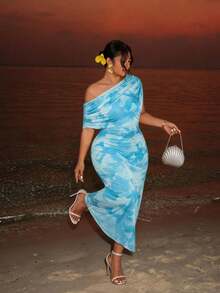 Firerie Vestido largo de verano con estampado completo, ajustado, con hombro asimétrico y de moda, talla grande - Azul - Ver 8