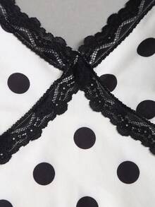 SHEIN Sweetro Đầm ngắn nữ phối ren chấm bi - Màu be - Xem 4