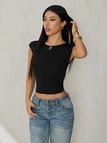 SHEIN PETITE 95%棉黑色蕾絲拼接短袖露背上衣－優雅性感，適合派對、雞尾酒會、夜店及跨年之夜，女款春夏上衣，適合嬌小女性 - 黑色 - 查看 5