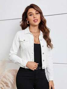 EMERY ROSE EMERY ROSE Jaket Denim Pendek Warna Polos Kasual Serbaguna untuk Wanita - Putih - View 4