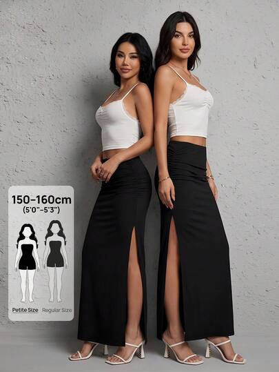 SHEIN PETITE Ruched Split Thigh Party Women Black Skirt