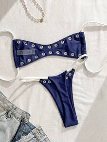 SHEIN Swim 2025新款女士纯色性感抹胸沙滩度假休闲性感泳装套装 - 藏蓝色 - 查看 2