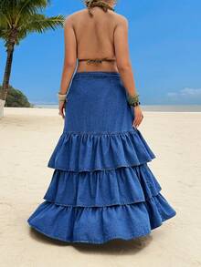 Sunnyshic Plus Size Women's Spring/Summer Beach Vacation Style Belted Ruffled High Slit Hem Denim A-Line Skirt - Blue - View 2
