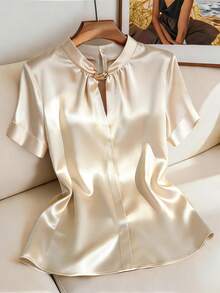 GlowEve CURVE Plus Size Women's Elegant Champagne Summer Formal Work Satin Blouse,French Office V-Neck Short Sleeve Pullover,Luxurious Knot Metal Button Decor Top - Apricot - View 3