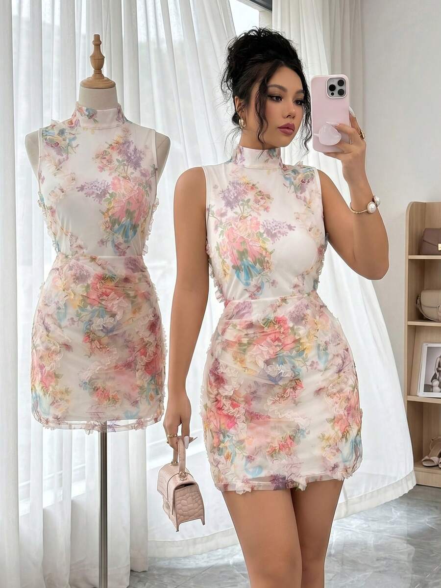 Elenzga 女士春夏时尚优雅立领收腰简约纹理面料修身迷你连衣裙，适合约会、外出、旅行、毕业季等场合。 - 彩色 - 查看 1