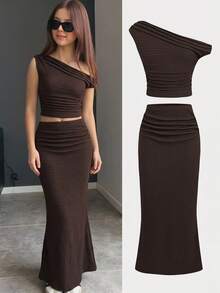 SHEIN 少女棕色提花露肩T恤和长裙休闲套装 - 棕色 - 查看 1