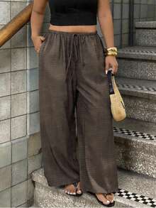 Lounesse Plus Size Women Loose Casual Wide Leg Pants With Tie Waist Wide Pants For Women Casual Outfit For Women - Apricot - View 3