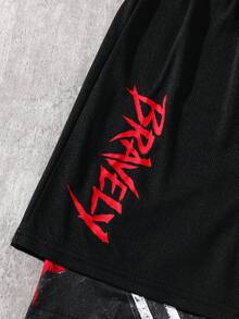 SHEIN 1 pieza Pantalones cortos con cordón en la cintura y gráfico de figura simple para niño preadolescente, adecuado para la escuela y uso primaveral - Negro - Ver 5