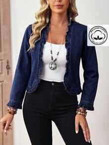 EMERY ROSE Áo khoác denim màu xanh nhạt dáng suông thoải mái, viền bèo nhún, dành cho nữ, cỡ lớn. - Rửa tối - Xem 6