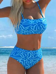 Swim Lushoire Bộ bikini nữ mùa hè in họa tiết ngẫu nhiên, phong cách thường ngày, thanh lịch, trưởng thành, có dây đeo vai mảnh có thể tháo rời, cạp cao. - Nhiều màu - Xem 3