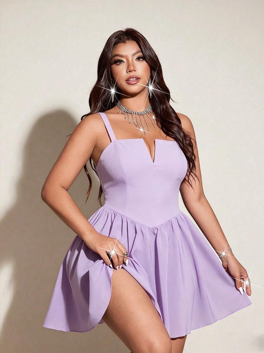 Viva Relle Plus Size Women Elegant Party Spaghetti Strap Light Cocktail Dress - Mauve Purple - View 1