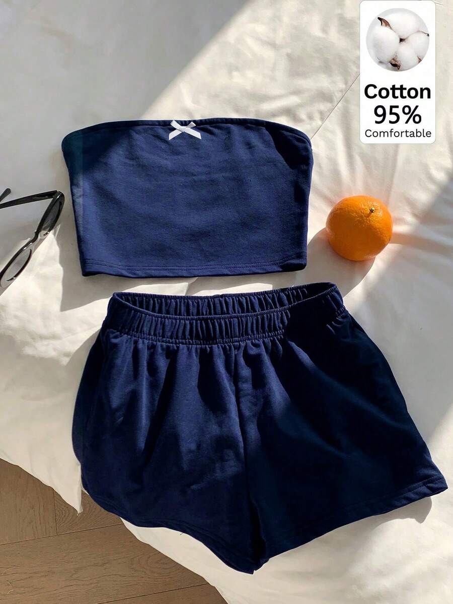 Comfortcana 95%纯棉藏蓝色蝴蝶结两件套女装,适合度假、毕业季、夏季上衣、日常通勤、约会、聚会、秋冬夏季、圣诞节、新年、感恩节、派对、婚礼、海滩、毕业典礼、时尚、优雅、休闲、外出、约会、预订、通勤、闪亮、情人节、优雅、度假、休闲、Y2K、外出、毕业典礼等场合。 - 藏蓝色 - 查看 1