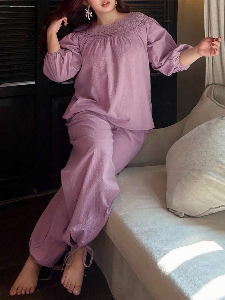 Dazy Plus 2pcs Elegant Purple Sleepwear Set For Women, French Palace Style Loose Fit Short Sleeve Pajamas, Plus Size, Spring/Summer