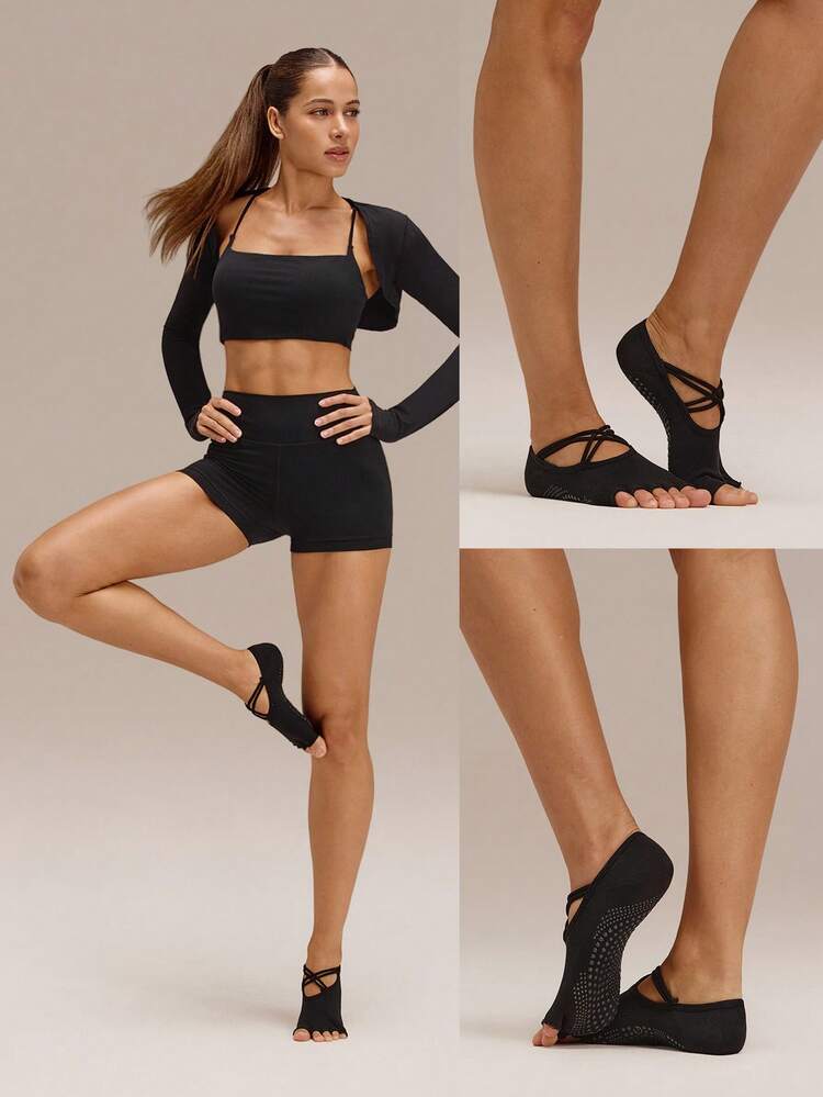 Studio Glow Sweat-Wicking Quick-Drying Anti-Odor Crossover Straps Open-Toe Grip Socks With Anti-Slip Grips Yoga Pilates Barre Studio Active Wear