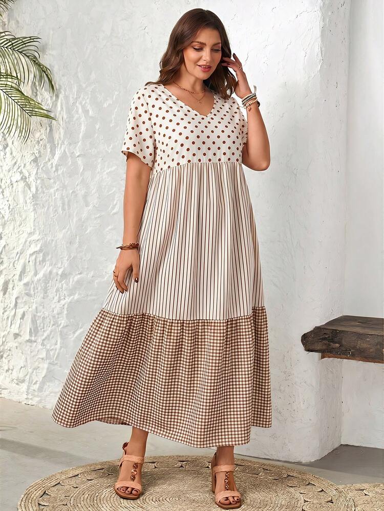 Plus Size Polka Dot & Striped Patchwork Short Sleeve Dress