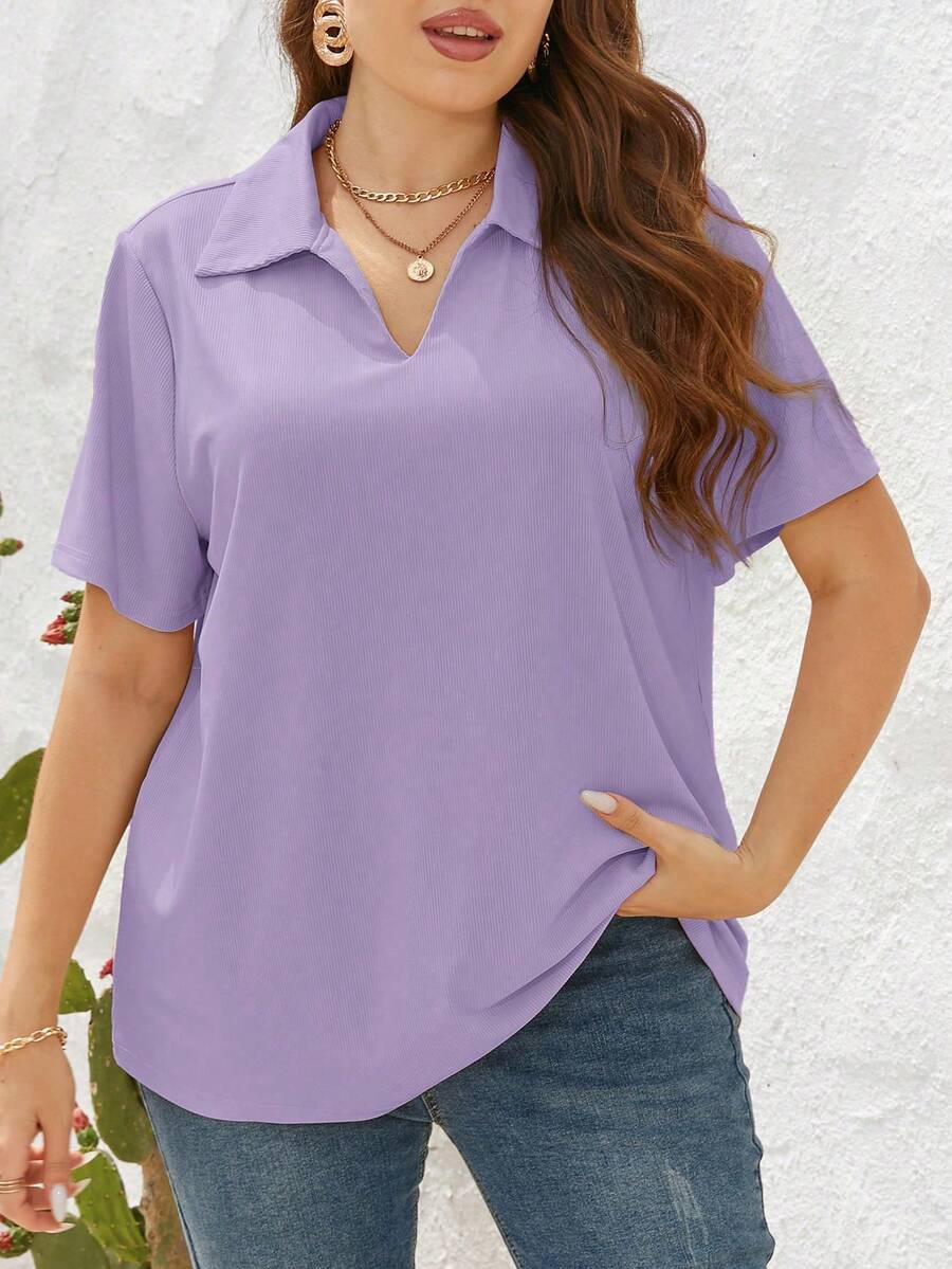 SHEIN Essnce 大码休闲纯色 Polo 领短袖 T 恤 - 淡紫色 - 查看 1