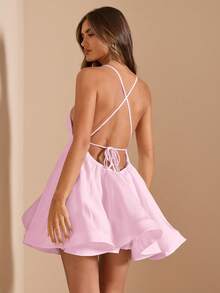 SHEIN BAE Weißes rückenfreies Kleid mit Bindeträgern und ausgestelltem Saum, sexy ärmelloses süßes Sommerkleid für Urlaub, Valentinstag, Brautjungfer, Hochzeit, Abschluss - Babypink - Übersicht 6