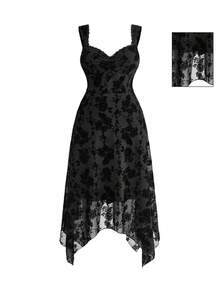 ROMWE Goth Vintage Romantic Spring Date Cinched Waist Asymmetrical Hem Mid-Length Plus Size Dress - Black - View 1