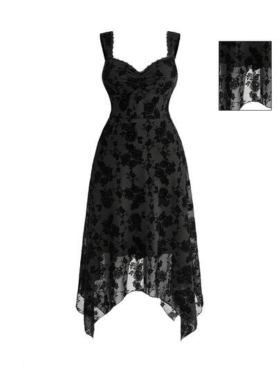 ROMWE Goth Vintage Romantic Spring Date Cinched Waist Asymmetrical Hem Mid-Length Plus Size Dress