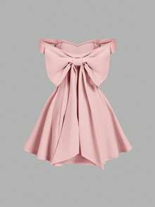SHEIN MOD Women's Solid Color Bowknot Backless Off-Shoulder Mini Dress - Pink - View 5