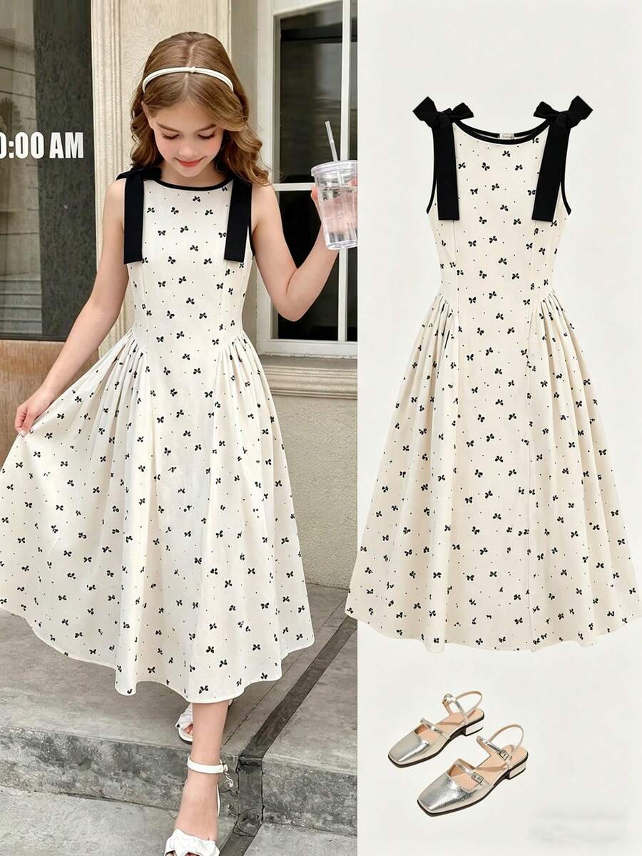 Elladie kids 女童甜美优雅黑色3D蝴蝶结印花杏色100%纯棉无袖方领收腰喇叭长连衣裙，适合生日派对、婚礼、演出、度假等场合，春夏新款公主裙