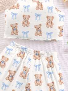 Bộ đồ ngủ bé gái tuổi teen gồm áo hai dây và quần short ôm sát, họa tiết gấu hoạt hình và nơ, thích hợp cho mùa hè. - Nhiều màu - Xem 3