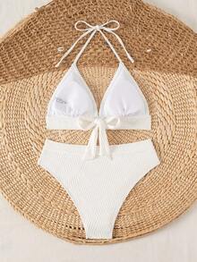 SHEIN Swim Bộ bikini hai mảnh buộc cổ màu trơn gợi cảm dành cho nữ mùa hè, kèm quần lót tam giác. - trắng - Xem 2