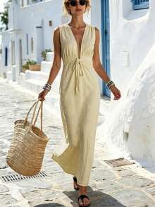 Breezaya Women's Fashionable High-End V-Neck Tie Ruched Sleeveless Casual Tropical Boho Dress,Pale Yellow,Summer,Holiday,Vacation,Beach,Versatile Long Dress - Apricot - View 5
