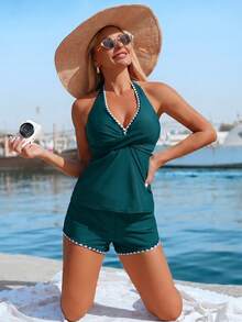 Swim Lushoire Bộ bikini hai mảnh màu trơn dành cho nữ, kiểu áo hai dây và dây chéo phía trước, thoải mái và phù hợp cho kỳ nghỉ hè ở bãi biển. - Màu xanh ngọc - Xem 3