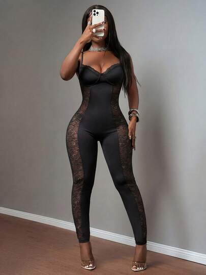 Slaydiva 2025 Neuer Spitzen-Patchwork-Camisole-Jumpsuit - Rosa, elegant & sexy für Partys, Geburtstage, Jahrestage, Valentinstag, Halloween, Weihnachten