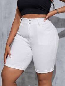 SHEIN Tall CURVE Plus Size Women White Denim Elastic Skinny Shorts - White - View 4