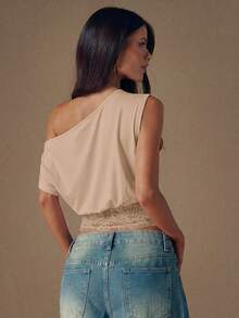 SHEIN BAE Áo kiểu nữ màu đen dệt kim phối ren, vai lệch, thời trang, thích hợp cho mùa Thu/Đông. - Màu Khaki - Xem 2
