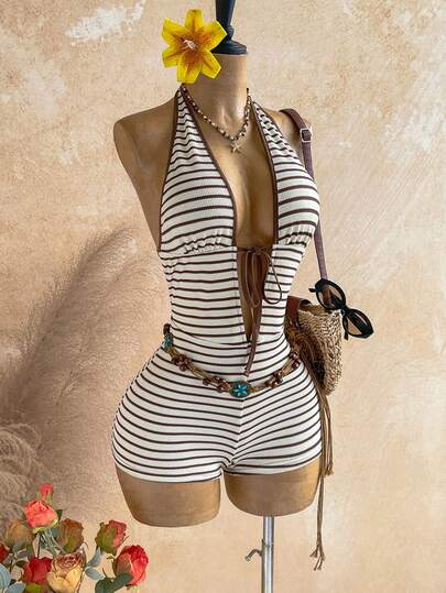 Soleia New Dual-Color Striped Front Tie Romper, Bohemian, Boho, Romantic Floral, Vacation, Floral Party, Date, Valentine's Day, Easter, Carnival, Afternoon Tea, Beach, Cruise, City Vacation, Contrast Color