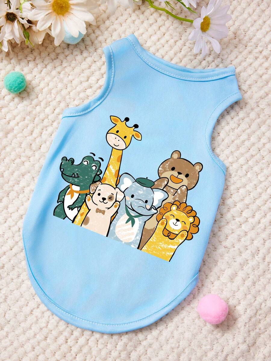 PETSIN 1 chiếc áo vest cho thú cưng in hình động vật, kiểu dáng thường ngày, mềm mại và thoáng khí, màu xanh dương. - Màu xanh lam - Xem 1