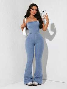 Rivivi Áo liền quần denim dáng ống thoải mái mùa hè dành cho nữ - Rửa nhẹ - Xem 5