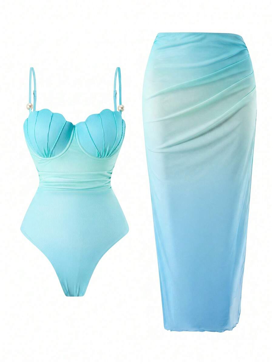 Swim Oasis Spring/Summer Gradient Color Block Shell Decor Adjustable Strap Fitted Ruched Side Slit Bodycon Skirt High-End Fashion Women Swimsuit 2-Piece Set