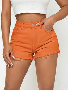 SHEIN PETITE Quần short denim trơn màu, gấu quần rách, có đai lưng, kiểu dáng thường ngày mùa hè. - trái cam - Xem 3
