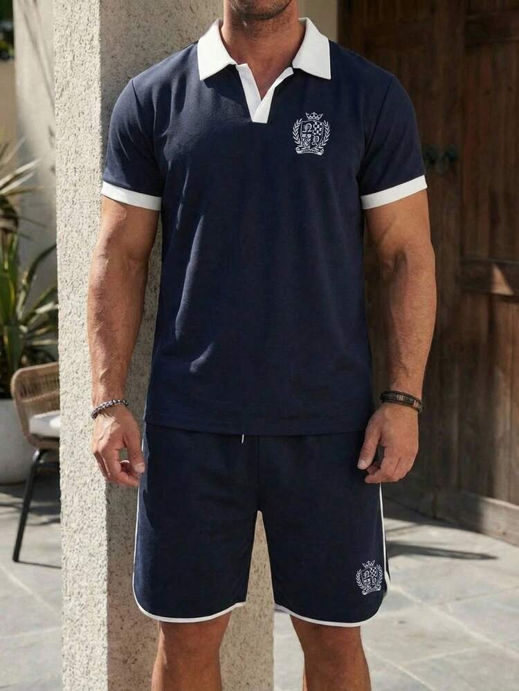 Men's Patchwork Contrast Collar Letter Print Short Sleeve T-Shirt And Shorts Set, Summer