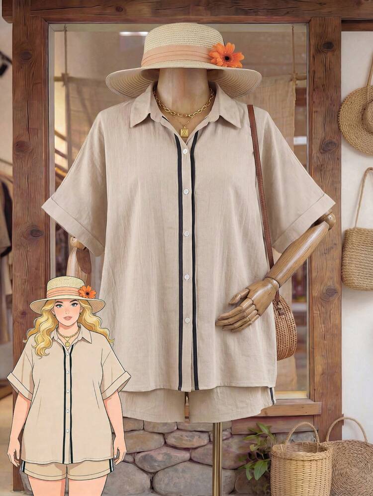 Plus Size Women Single-Breasted Short Sleeve Shirt And Shorts Casual 2 Pieces Set Women's Country Clothing Beach Outfits For Women  Female Country Look Summer Outfits For Women