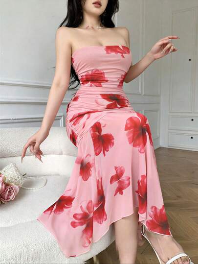 Celisse 粉色优雅连衣裙，抹胸无肩带设计，不规则下摆，适合生日等场合，扎染印花，夏季度假必备