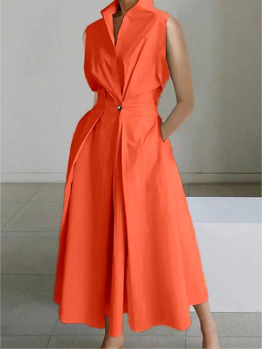 EMERY ROSE Women's Solid Color Minimalist Daily Wear Stand Collar Sleeveless A-Line Dress Maxi Women Outfit - Orange - View 1