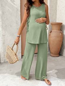 SHEIN 2pcs Maternity Set: Solid Color Round Neck Drawstring Top And Adjustable Waist Casual Pants - Green - View 5